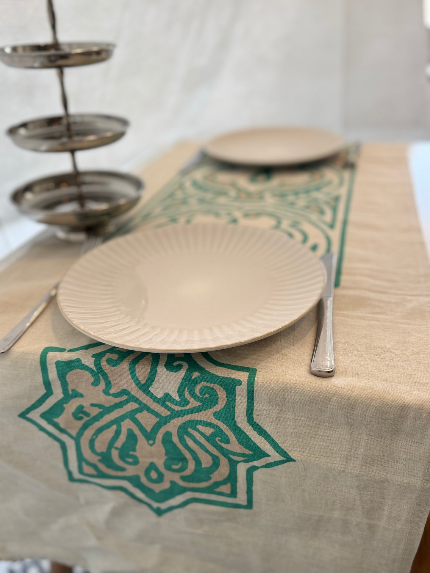 Neo Islamic runner - beige & mint linen