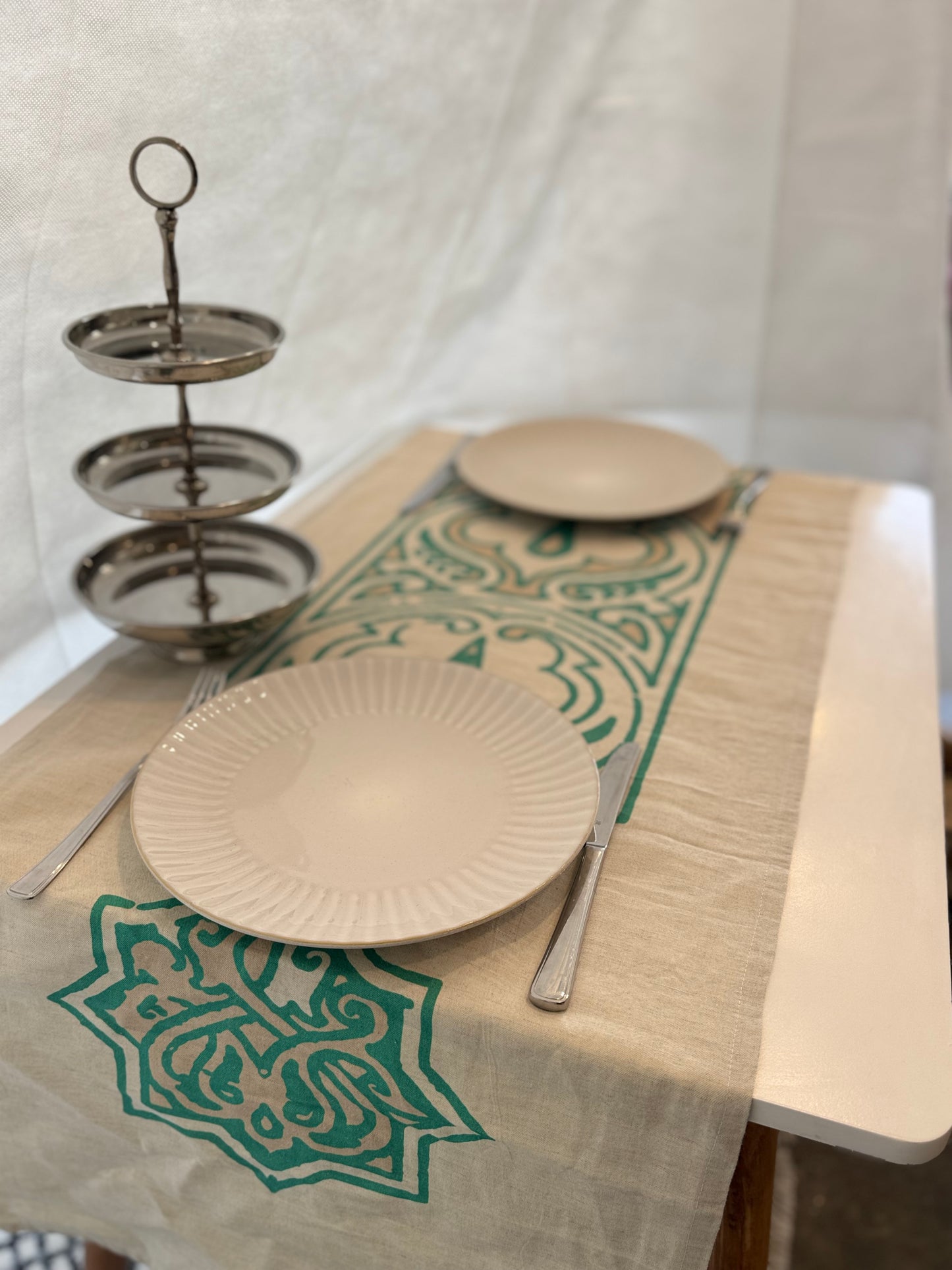 Neo Islamic runner - beige & mint linen